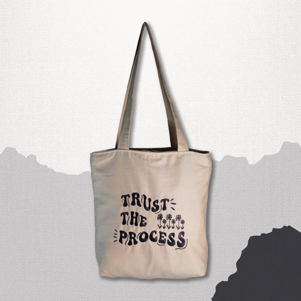 Trust the Process ! Beige Embroidered Beautiful jeans tote bag