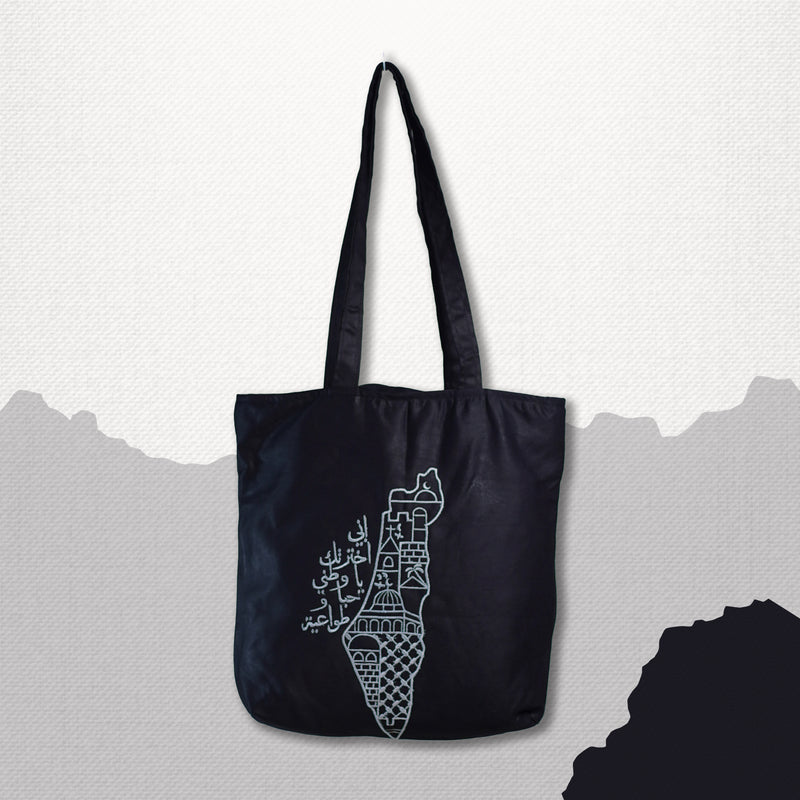 Trending Palestine Map tote bag, Black Embroidered jeans tote.