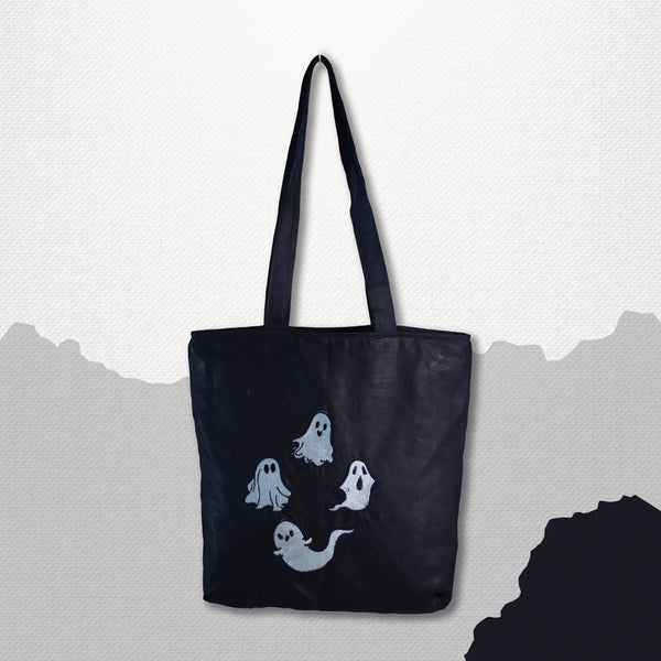 Cute wondering ghost tote bag, Black Embroidered jeans tote bag