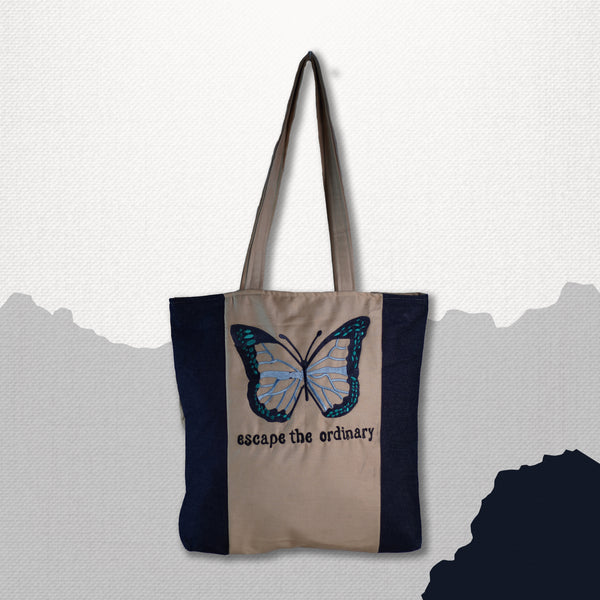 Escape the Ordinary , Butterfly Embroidered beige color jeans tote bag