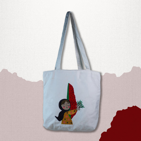 Palestine Tag crying girl cute tote bag. White color trending tote