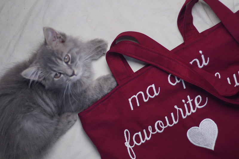 Ma Apni Favourite hun! Maroon jeans Embroidered tote bag