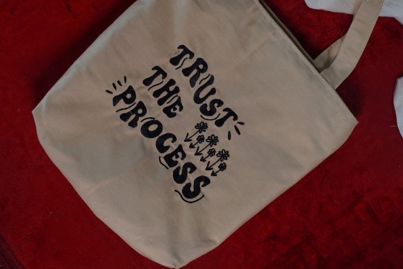 Trust the Process ! Beige Embroidered Beautiful jeans tote bag