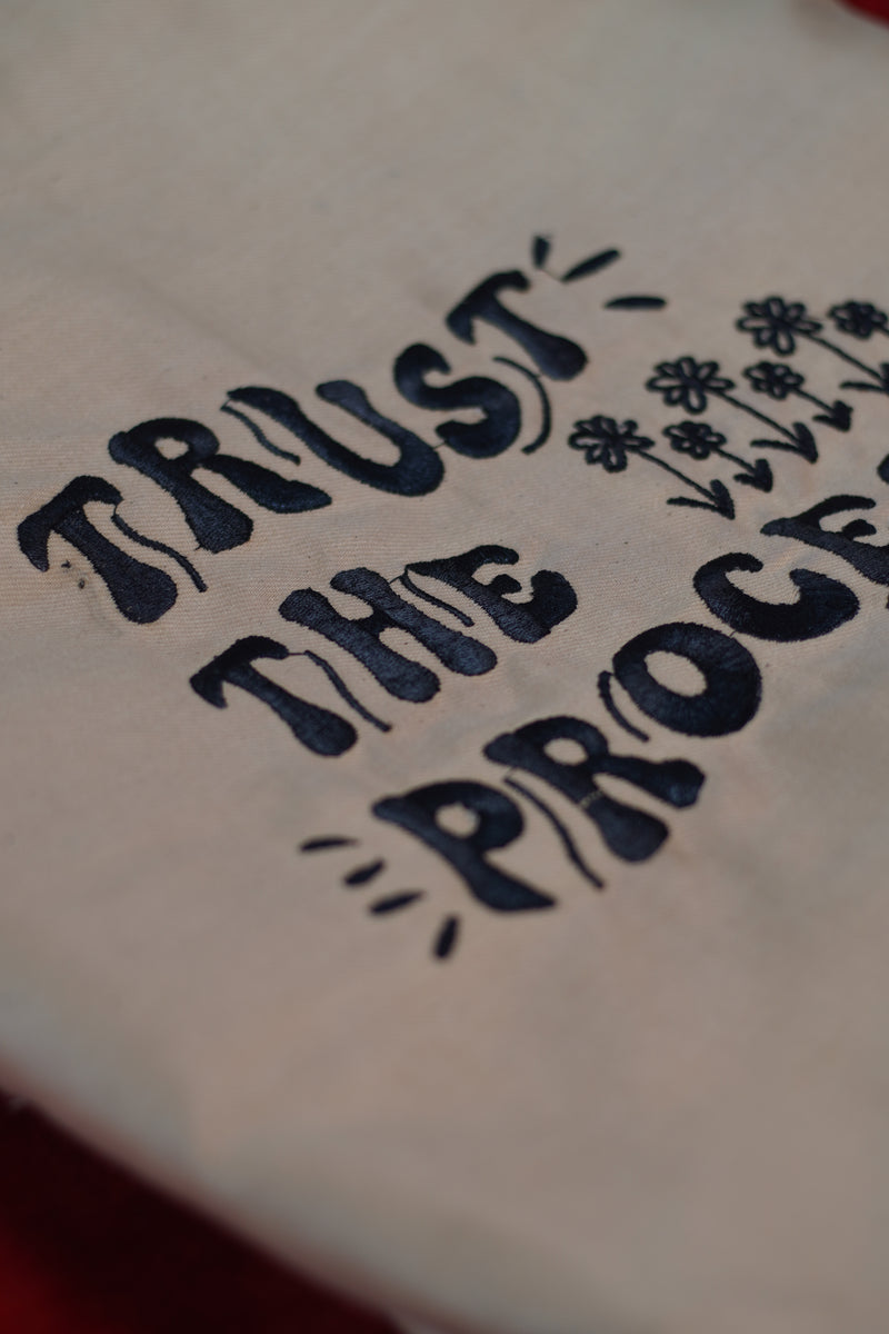 Trust the Process ! Beige Embroidered Beautiful jeans tote bag